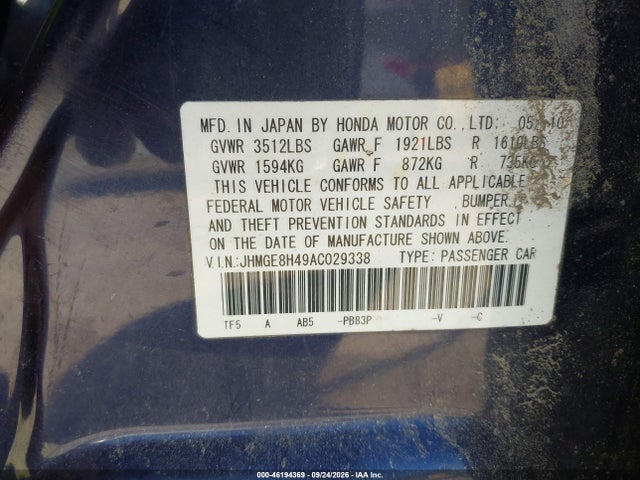 Продажа на аукционе авто 2010 Honda Fit Sport, vin: JHMGE8H49AC029338, номер лота: 46194369