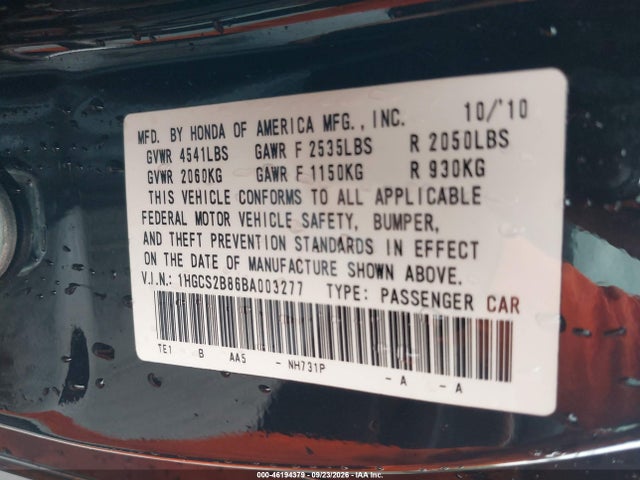 46194379 :رقم المزاد ، 1HGCS2B86BA003277 vin ، 2011 Honda Accord 3.5 Ex-l مزاد بيع