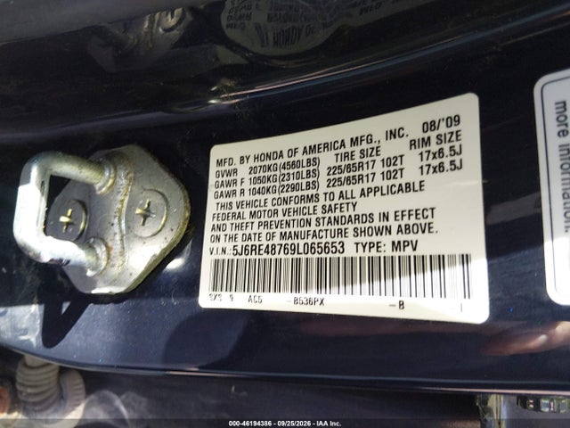 2009 Honda Cr-v Ex-l მანქანა იყიდება აუქციონზე, vin: 5J6RE48769L065653, აუქციონის ნომერი: 46194386