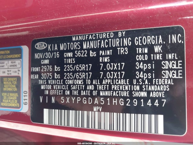 Aukcja sprzedaży 2017 Kia Sorento 3.3l Lx, vin: 5XYPGDA51HG291447, numer aukcji: 46194398
