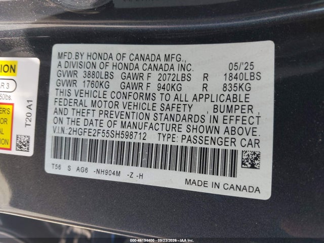 Продаж на аукціоні авто 2025 Honda Civic Sport, vin: 2HGFE2F55SH598712, номер лоту: 46194400
