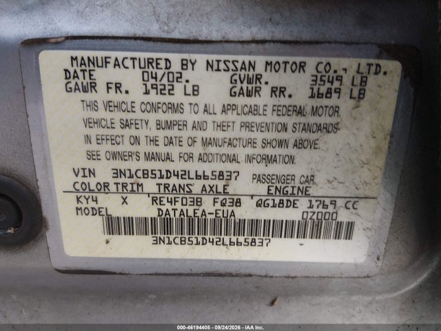 46194405 :رقم المزاد ، 3N1CB51D42L665837 vin ، 2002 Nissan Sentra Gxe مزاد بيع