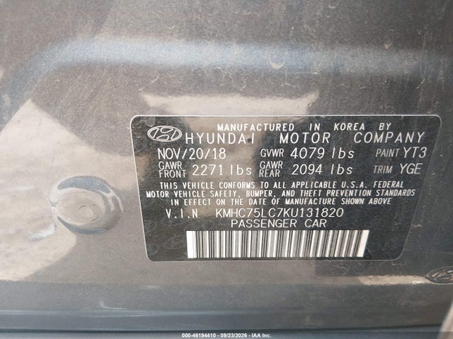 Aukcja sprzedaży 2019 Hyundai Ioniq Hybrid Sel, vin: KMHC75LC7KU131820, numer aukcji: 46194410