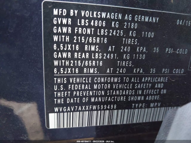 WVGAV7AXXFW599498 Volkswagen TIGUAN S