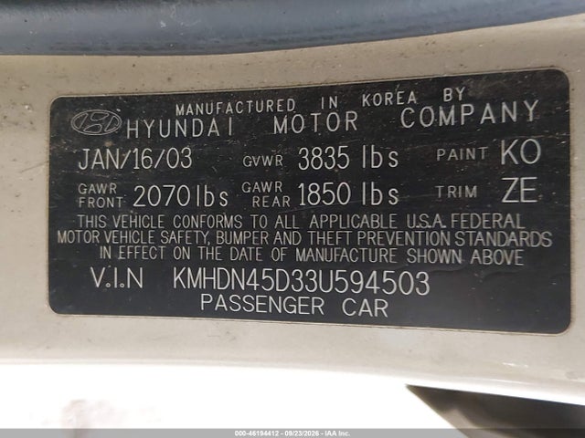 Продажа на аукционе авто 2003 Hyundai Elantra Gls/gt, vin: KMHDN45D33U594503, номер лота: 46194412