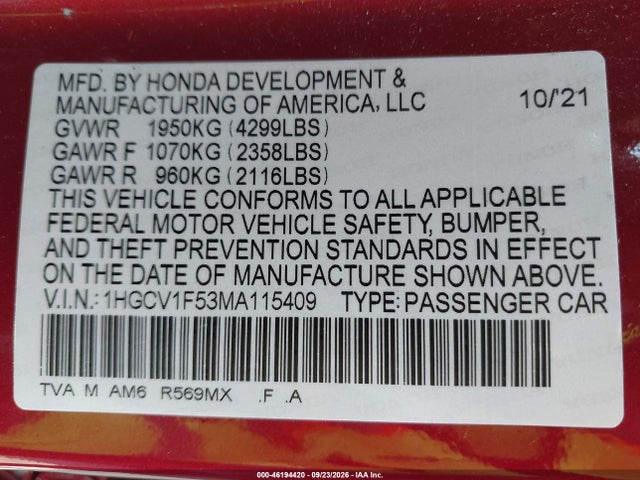 2021 Honda Accord Ex-l მანქანა იყიდება აუქციონზე, vin: 1HGCV1F53MA115409, აუქციონის ნომერი: 46194420