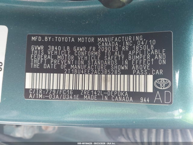 46194429 :رقم المزاد ، 2T1BU4EE2AC385285 vin ، 2010 Toyota Corolla Le مزاد بيع