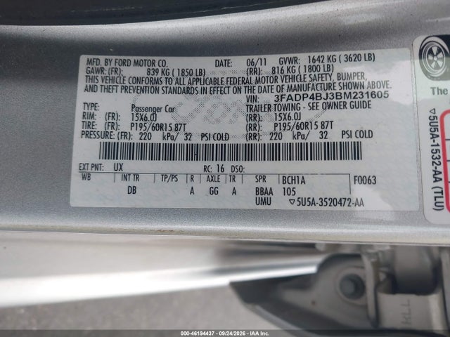 2011 Ford Fiesta Se მანქანა იყიდება აუქციონზე, vin: 3FADP4BJ3BM231605, აუქციონის ნომერი: 46194437