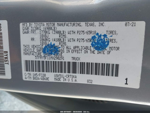Продажа на аукционе авто 2021 Toyota Tundra Sr5, vin: 5TFRY5F11MX290291, номер лота: 46194451