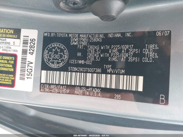 Продажа на аукционе авто 2007 Toyota Sienna Ce, vin: 5TDBK29C07S007386, номер лота: 46194461