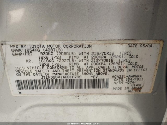 46194468 :رقم المزاد ، JTEHD20V146016799 vin ، 2004 Toyota Rav4 مزاد بيع