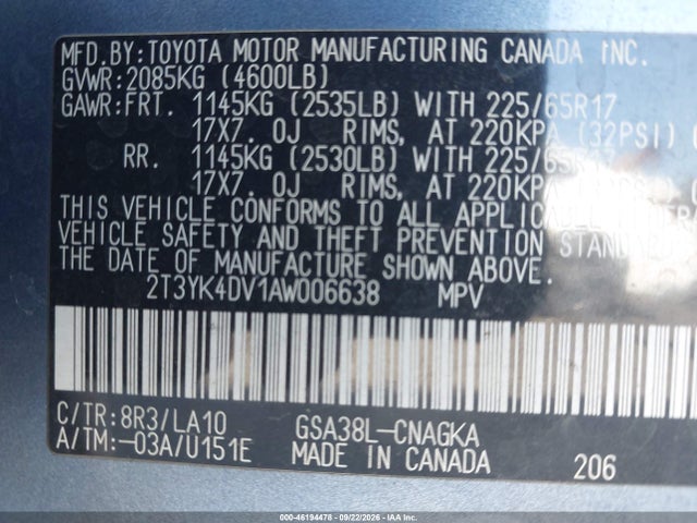 2010 Toyota Rav4 Ltd მანქანა იყიდება აუქციონზე, vin: 2T3YK4DV1AW006638, აუქციონის ნომერი: 46194478