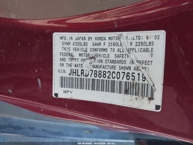 Auction sale of the 2002 Honda Cr-v Ex, vin: JHLRD78882C076519, lot number: 46194485
