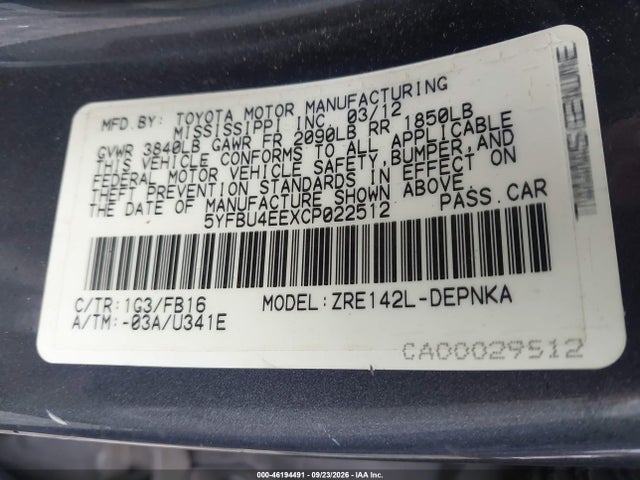 Продаж на аукціоні авто 2012 Toyota Corolla Le, vin: 5YFBU4EEXCP022512, номер лоту: 46194491