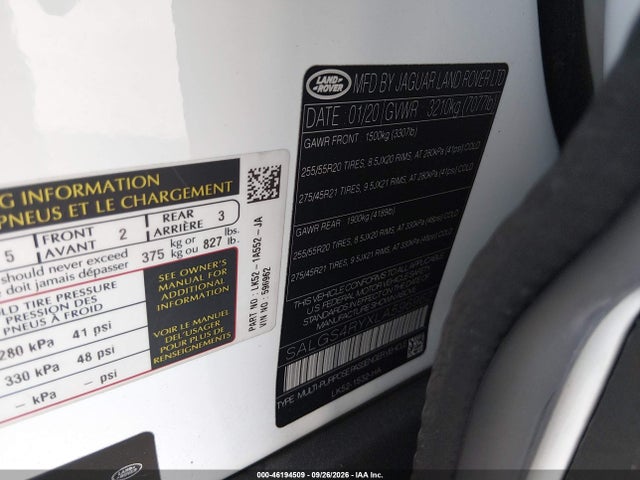 46194509 :رقم المزاد ، SALGS4RYXLA596962 vin ، 2020 Land Rover Range Rover Hse مزاد بيع