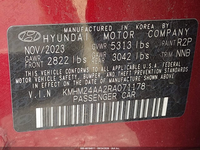 46194511 :رقم المزاد ، KMHM24AA2RA071178 vin ، 2024 Hyundai Ioniq 6 Se مزاد بيع