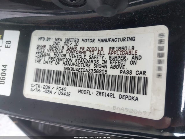 Aukcja sprzedaży 2010 Toyota Corolla Le, vin: 1NXBU4EE0AZ356205, numer aukcji: 46194520