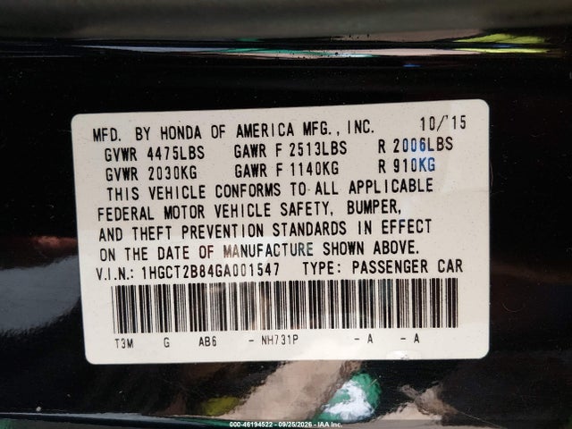Продаж на аукціоні авто 2016 Honda Accord Ex-l V-6, vin: 1HGCT2B84GA001547, номер лоту: 46194522