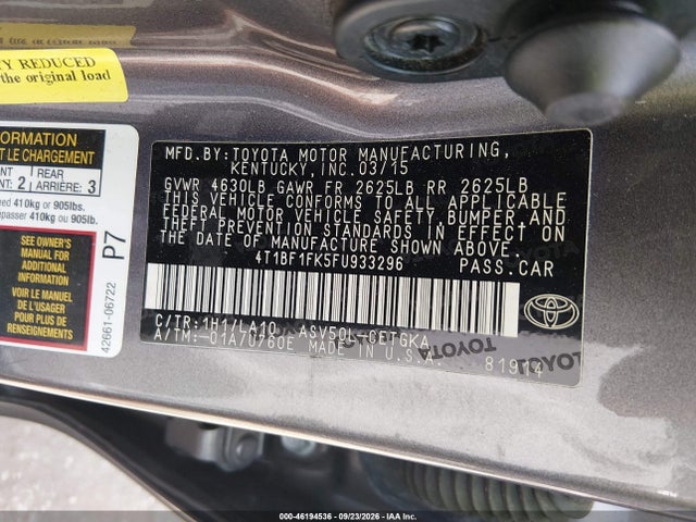 46194536 :رقم المزاد ، 4T1BF1FK5FU933296 vin ، 2015 Toyota Camry Xle مزاد بيع