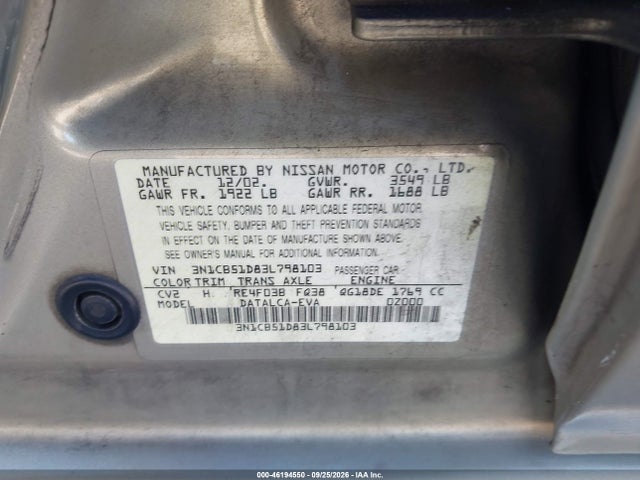 Продажа на аукционе авто 2003 Nissan Sentra Xe, vin: 3N1CB51D83L798103, номер лота: 46194550