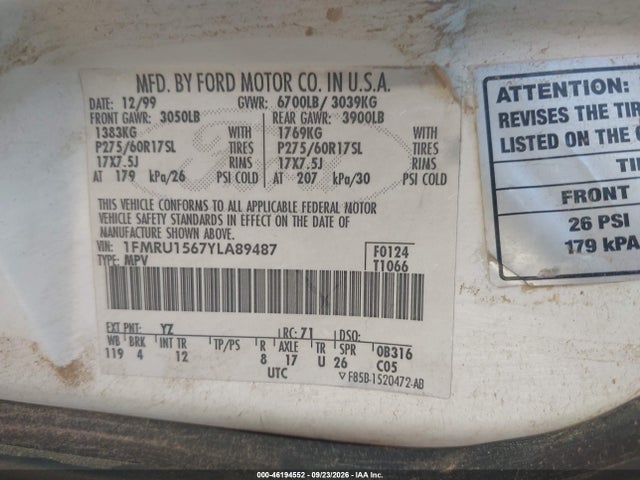 46194552 :رقم المزاد ، 1FMRU1567YLA89487 vin ، 2000 Ford Expedition Xlt مزاد بيع
