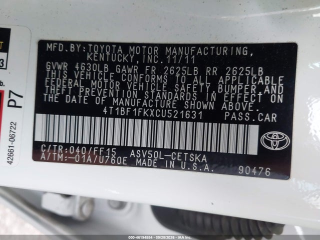 46194554 :رقم المزاد ، 4T1BF1FKXCU521631 vin ، 2012 Toyota Camry Se مزاد بيع