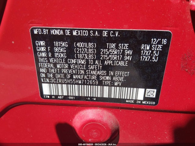 Aukcja sprzedaży 2017 Honda Hr-v Ex, vin: 3CZRU5H55HM712659, numer aukcji: 46194559