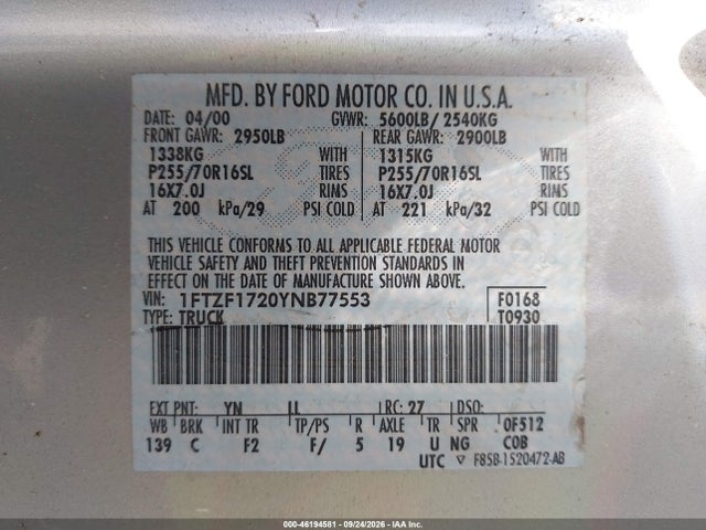 2000 Ford F-150 Work Series/xl/xlt მანქანა იყიდება აუქციონზე, vin: 1FTZF1720YNB77553, აუქციონის ნომერი: 46194581