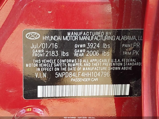 Продажа на аукционе авто 2017 Hyundai Elantra Se, vin: 5NPD84LF4HH104796, номер лота: 46194600