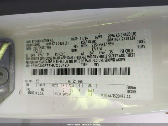 46194604 :رقم المزاد ، 1FMCU0F77HUC38420 vin ، 2017 Ford Escape S مزاد بيع