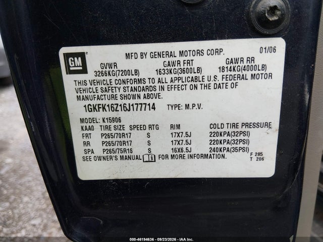 46194636 :رقم المزاد ، 1GKFK16Z16J177714 vin ، 2006 Gmc Yukon Xl 1500 Slt مزاد بيع