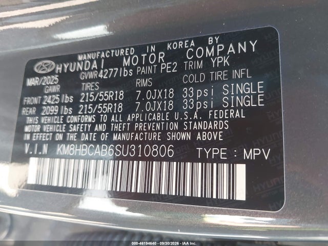 46194640 :رقم المزاد ، KM8HBCAB6SU310806 vin ، 2025 Hyundai Kona Sel مزاد بيع
