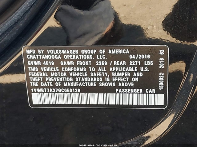 2016 Volkswagen Passat 1.8t Se მანქანა იყიდება აუქციონზე, vin: 1VWBT7A37GC050126, აუქციონის ნომერი: 46194644