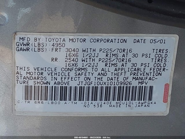 46194661 :رقم المزاد ، JTJGF10UX10109926 vin ، 2001 Lexus Rx 300 مزاد بيع