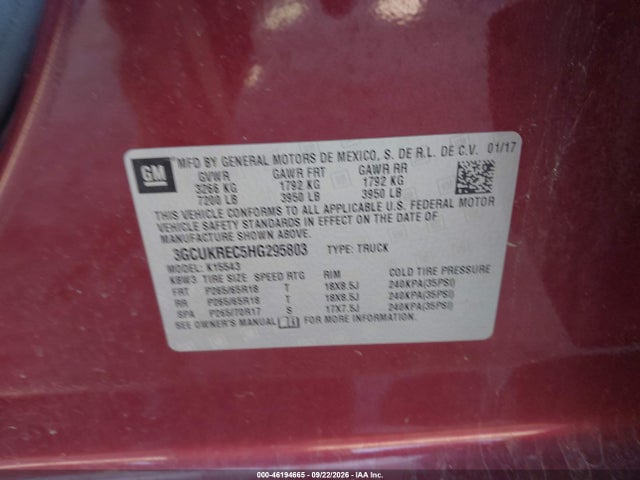 Aukcja sprzedaży 2017 Chevrolet Silverado 1500 1lt, vin: 3GCUKREC5HG295803, numer aukcji: 46194665
