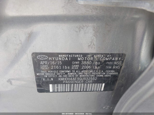 Продажа на аукционе авто 2016 Hyundai Elantra Se, vin: KMHDH4AE9GU532552, номер лота: 46194669