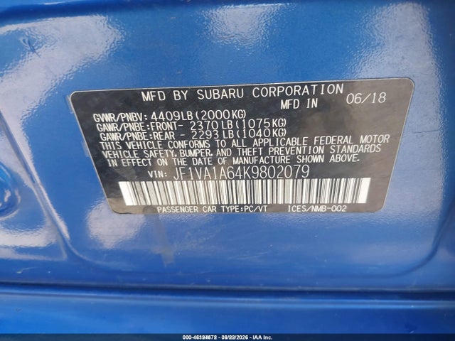 Продаж на аукціоні авто 2019 Subaru Wrx, vin: JF1VA1A64K9802079, номер лоту: 46194672