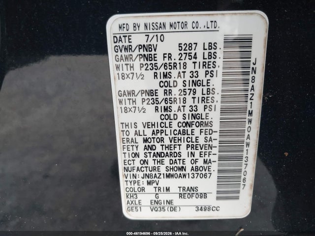 Продажа на аукционе авто 2010 Nissan Murano Sl, vin: JN8AZ1MW0AW137067, номер лота: 46194696