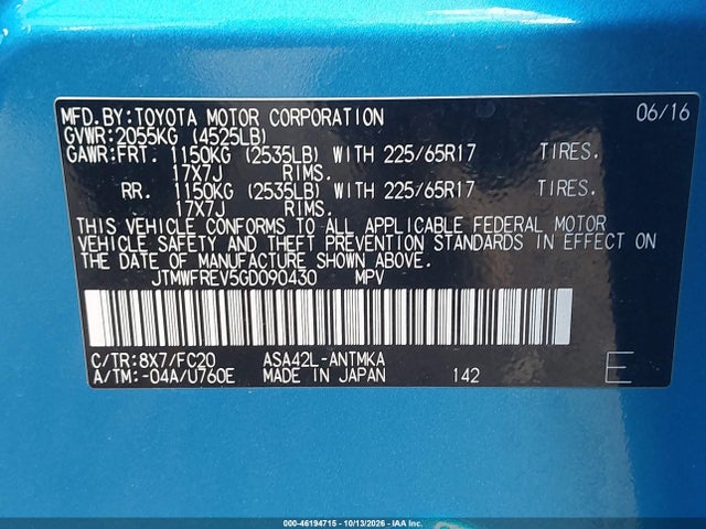 46194715 :رقم المزاد ، JTMWFREV5GD090430 vin ، 2016 Toyota Rav4 Xle مزاد بيع