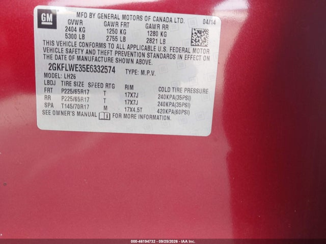 Aukcja sprzedaży 2014 Gmc Terrain Sle-2, vin: 2GKFLWE35E6332574, numer aukcji: 46194732