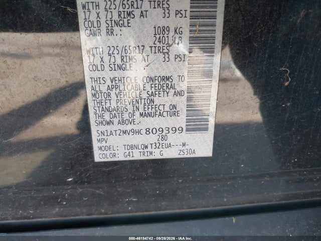 Продаж на аукціоні авто 2017 Nissan Rogue Sv, vin: 5N1AT2MV9HC809399, номер лоту: 46194742
