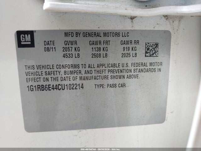 Продаж на аукціоні авто 2012 Chevrolet Volt, vin: 1G1RB6E44CU102214, номер лоту: 46194744