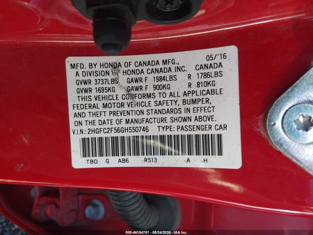 Aukcja sprzedaży 2016 Honda Civic Lx, vin: 2HGFC2F56GH550746, numer aukcji: 46194781