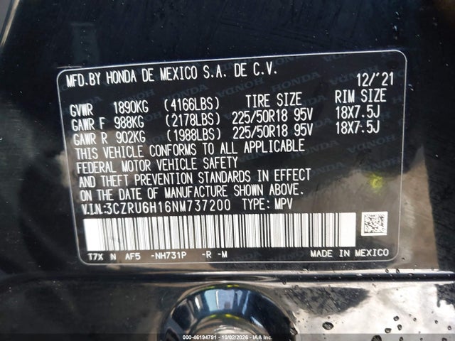 Aukcja sprzedaży 2022 Honda Hr-v Awd Sport, vin: 3CZRU6H16NM737200, numer aukcji: 46194791
