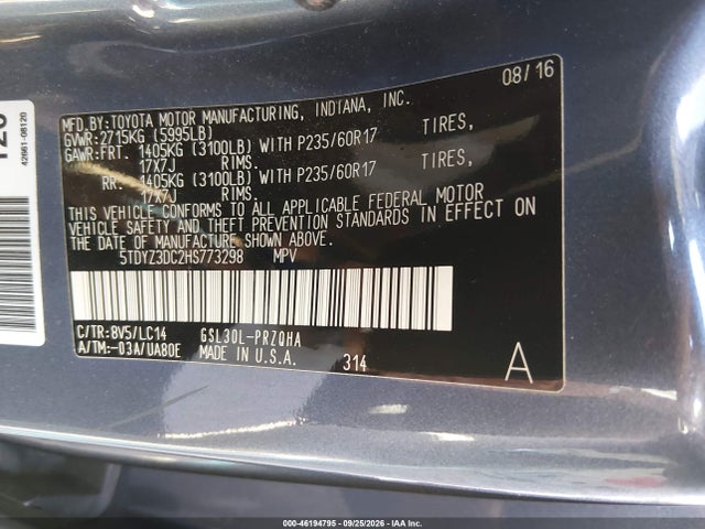 Продаж на аукціоні авто 2017 Toyota Sienna Xle 8 Passenger, vin: 5TDYZ3DC2HS773298, номер лоту: 46194795