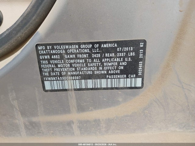Продажа на аукционе авто 2014 Volkswagen Passat 2.0l Tdi Se, vin: 1VWBN7A3XEC009397, номер лота: 46194813