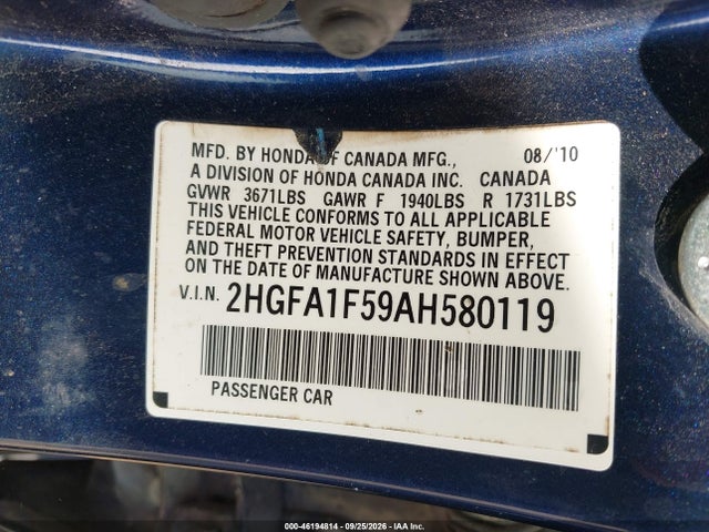 Aukcja sprzedaży 2010 Honda Civic Lx, vin: 2HGFA1F59AH580119, numer aukcji: 46194814