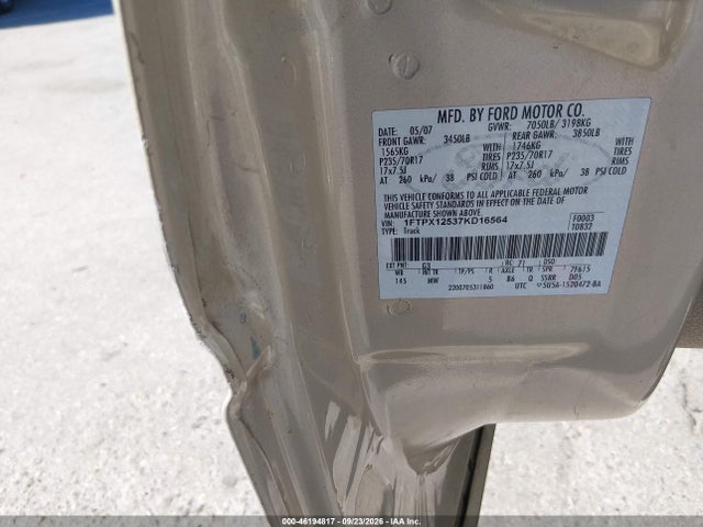 Aukcja sprzedaży 2007 Ford F-150 Lariat/stx/xl/xlt, vin: 1FTPX12537KD16564, numer aukcji: 46194817