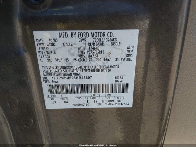Aukcja sprzedaży 2006 Ford F-150 Fx4/king Ranch/lariat/xlt, vin: 1FTPW14526KB43697, numer aukcji: 46194818