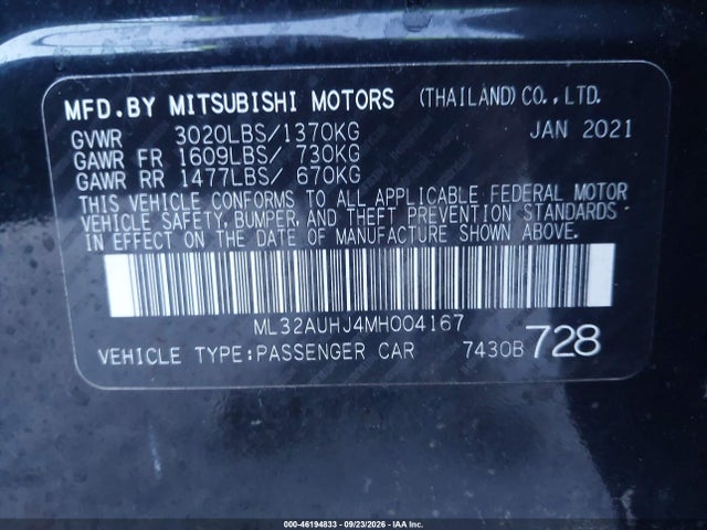Aukcja sprzedaży 2021 Mitsubishi Mirage Carbonite Edition/es/le, vin: ML32AUHJ4MH004167, numer aukcji: 46194833